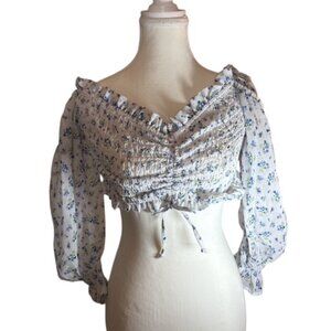 Rue 21 Off-Shoulder Smocked Crop Top Womens XL White Sheer Sleeve Boho Chic